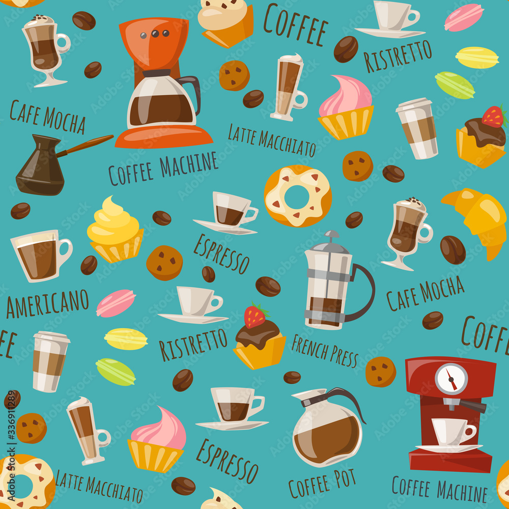 Vector seamless pattern with coffee food and drink elements Vector seamless pattern with coffee food and drink elements