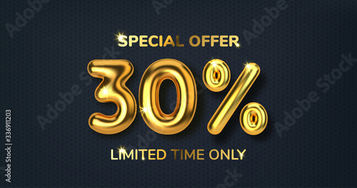 30 off discount promotion sale made of realistic 3d gold balloons. Number in the form of golden balloons. Template for products, advertizing, web banners, leaflets, certificates and postcards. Vector