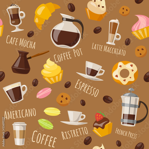 Vector seamless pattern with coffee food and drink elements