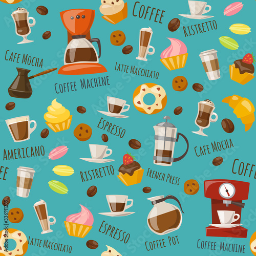 Vector seamless pattern with coffee food and drink elements