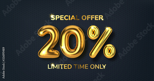 20 off discount promotion sale made of realistic 3d gold balloons. Number in the form of golden balloons. Template for products, advertizing, web banners, leaflets, certificates and postcards. Vector