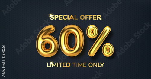 60 off discount promotion sale made of realistic 3d gold balloons. Number in the form of golden balloons. Template for products, advertizing, web banners, leaflets, certificates and postcards. Vector