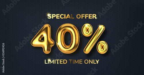 40 off discount promotion sale made of realistic 3d gold balloons. Number in the form of golden balloons. Template for products, advertizing, web banners, leaflets, certificates and postcards. Vector