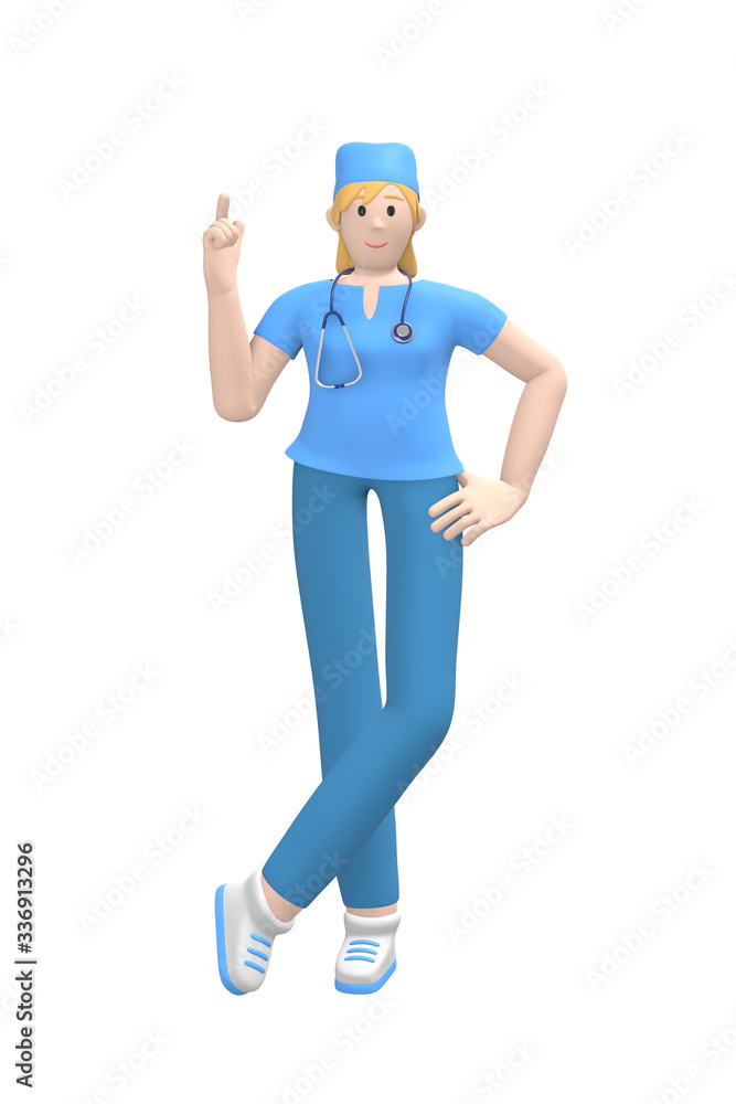 Medical character young white female doctor index finger up. The concept of attention, danger, is important. Cartoon person isolated on a white background. 3D rendering. Medical character young white female doctor index finger up. The concept of attention, danger, is important. Cartoon person isolated on a white background. 3D rendering.