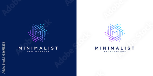 minimalist logo design photography. abstract focus lens design and initials M.