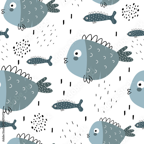 undersea seamless pattern with cartoon fish, decor elements. Colorful vector flat for kids. hand drawing. baby design for fabric, print, wrapper, textile