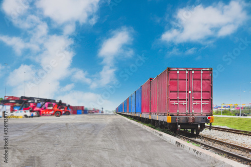 Freight Train with Cargo Containers on train platform, Transport, Shipping import Export on blue sky background.