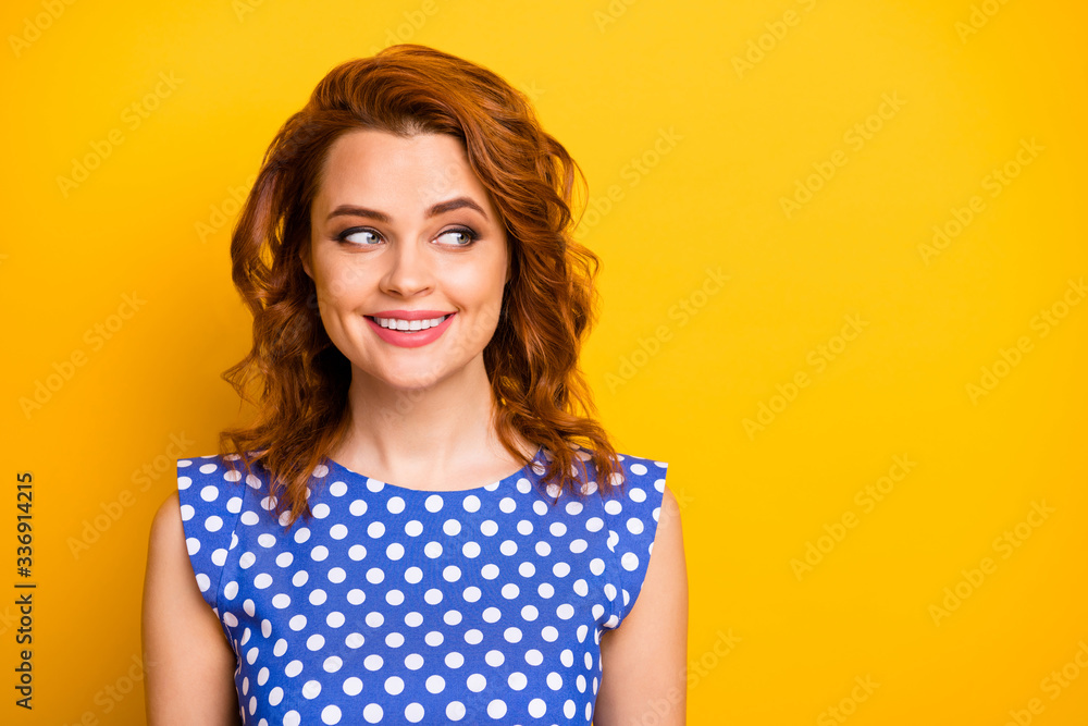 Portrait of pretty nice candid woman look copyspace enjoy summer weekend listen her friends rumors wear retro style clothing isolated over vivid color background Portrait of pretty nice candid woman look copyspace enjoy summer weekend listen her friends rumors wear retro style clothing isolated over vivid color background