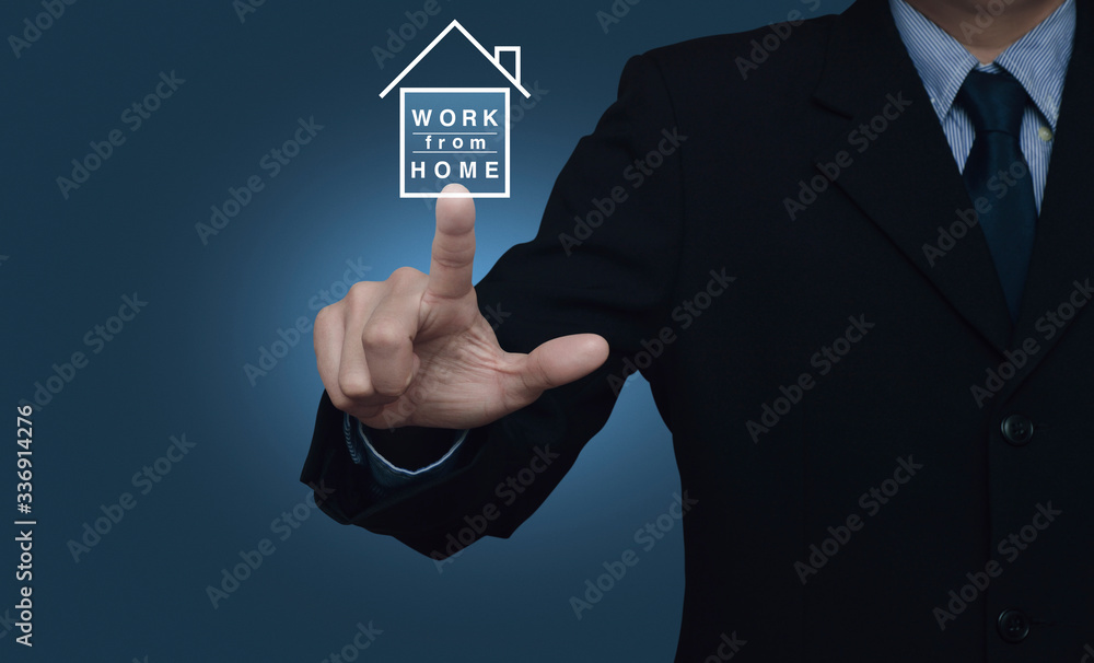 Businessman pressing work from home flat icon over gradient light blue background, Business social distancing concept Businessman pressing work from home flat icon over gradient light blue background, Business social distancing concept