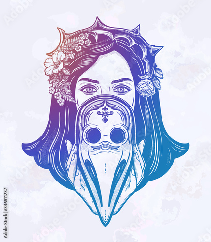 Beautiful woman in a crown of thorns, holding a plague doctor mask -medieval gothic tattoo style.Symbol of unity, solidarity and support in a health crisis. Isolated vector illustration.