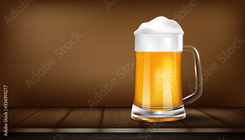 Glass of beer on brown old wooden table with dark background. Vector illustration design.
