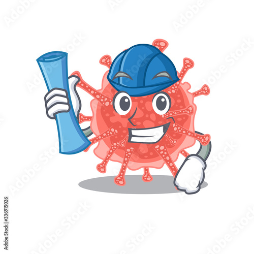 Cartoon character of oncovirus brainy Architect with blue prints and blue helmet