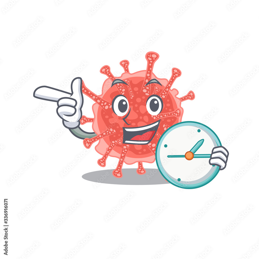 Oncovirus mascot design concept smiling with clock Oncovirus mascot design concept smiling with clock