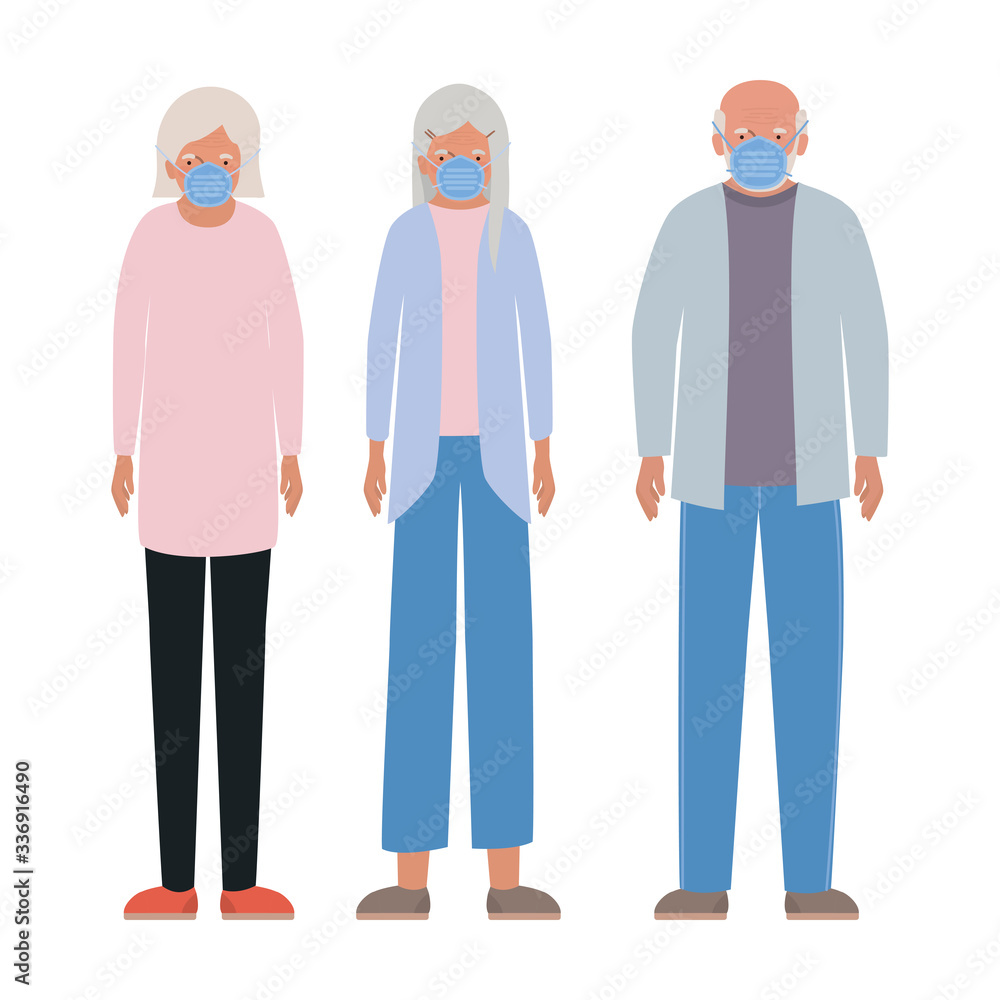 Elder women and man with masks against Covid 19 vector design