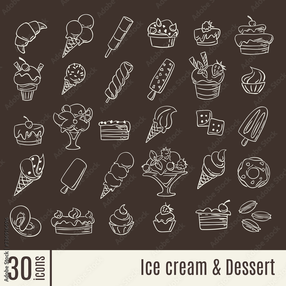 Flat icons in Ice Cream and Dessert info-graphic icons set.