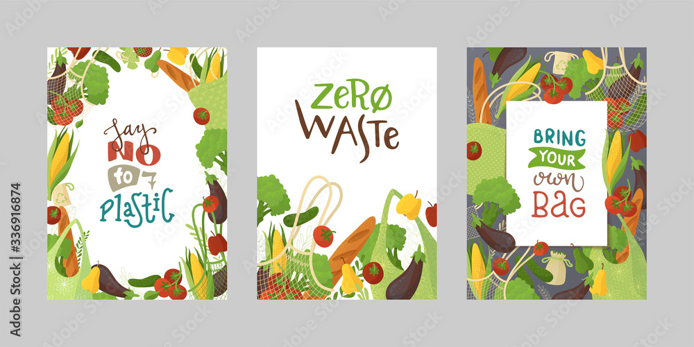 Veggies in recyclable packages vector banners set