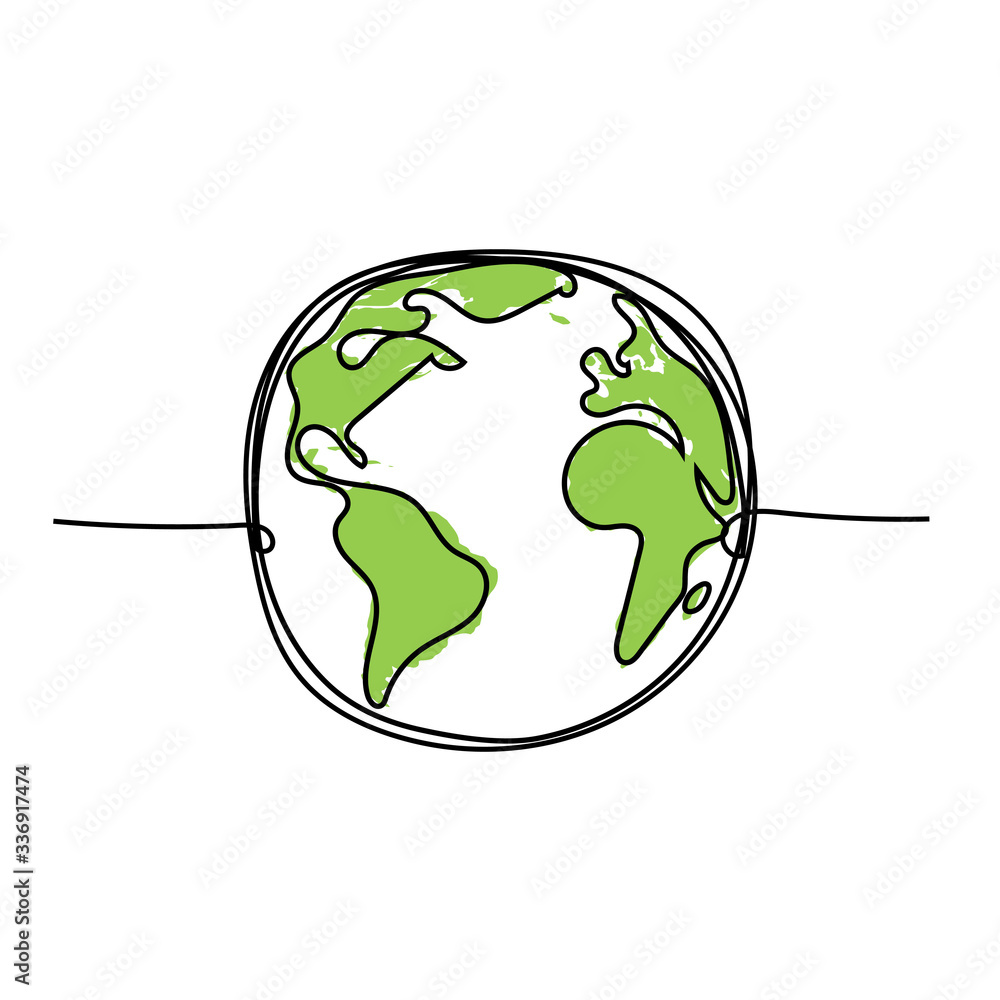 Naklejka Earth globe Continuous line drawing isolated on white. Concept for greeting card, banner, poster, flyer. Abstract green planet vector illustration