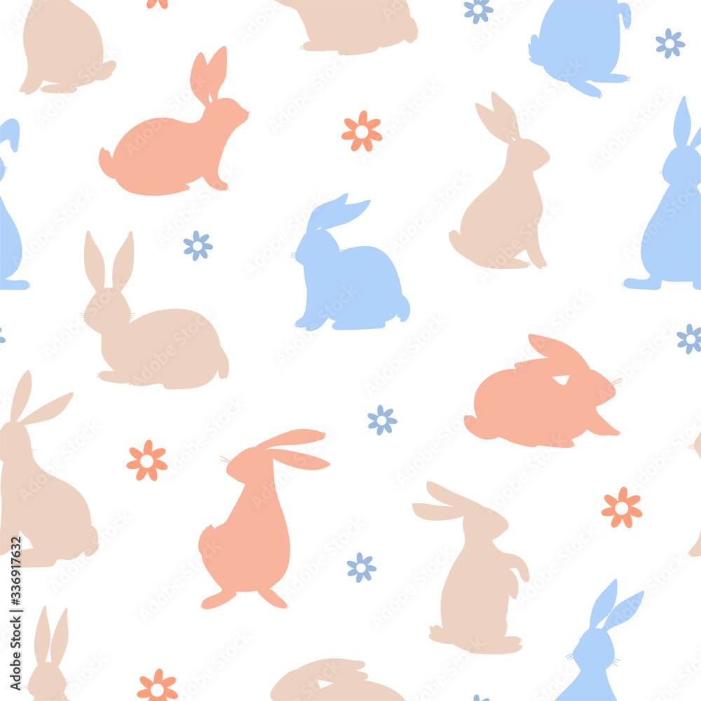 Easter seamless pattern with various silhouette bunnies and flowers. Texture for textile, postcard, wrapping paper, packaging etc. Vector illustration on white background.