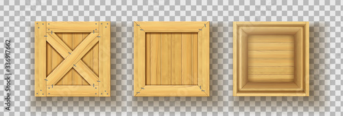 Top view mock up for wooden crates. Stapled and nailed lids on transparent background. Realistic open container with empty space inside. Parcel for moving supplies