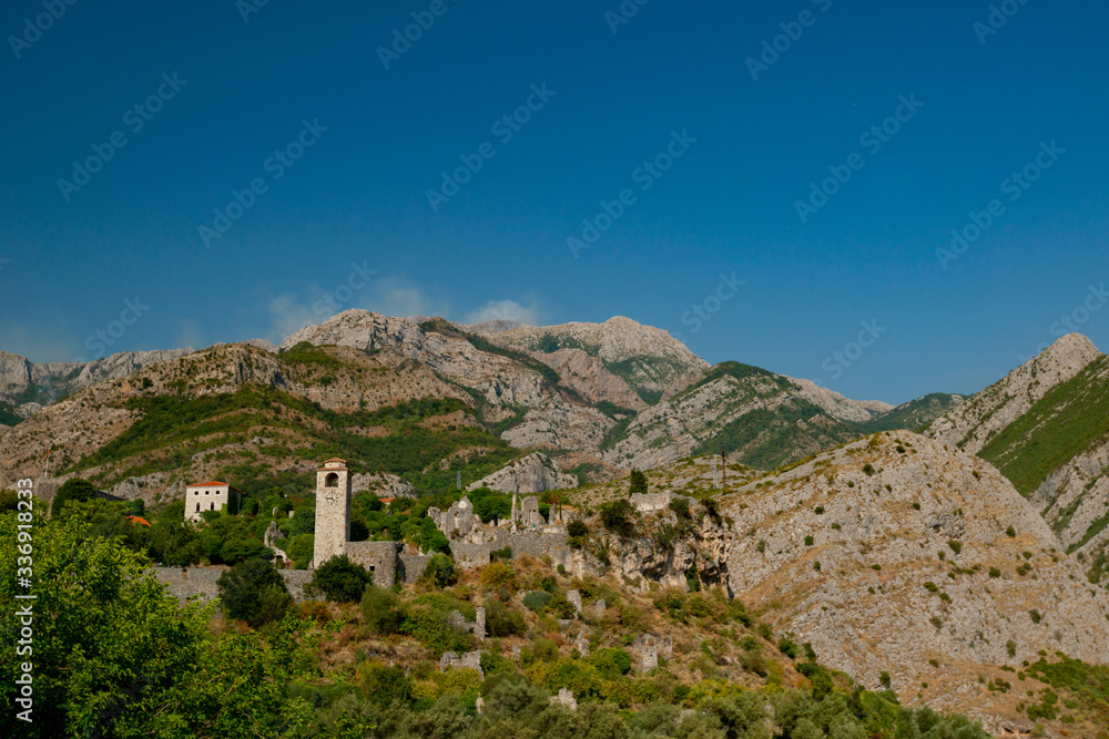 panorama with the fortress in the rocky mountains