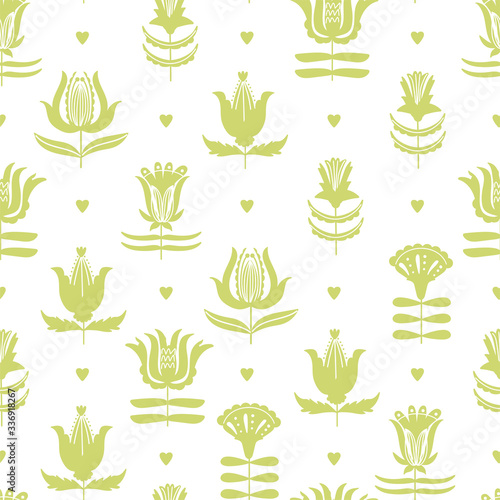 Easter seamless pattern with abstract various flowers. Minimalistic folk style. Texture for textile, postcard, wrapping paper, packaging etc. Vector illustration.