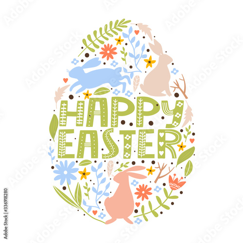 Happy Easter greeting card with silhouette bunny, flowers, leaves and lettering. Egg shape composition with floral elements. Vector illustration for card, invitation, poster, flyer etc.