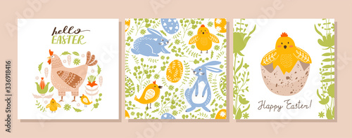 Easter set of greeting card. Cute rabbit, chicken, hen, egg, flower, leaves and lettering composition. Vector illustration for holiday card, scrapbook, invitation, poster, flyer etc.