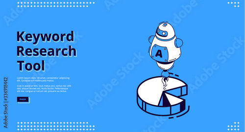 Keyword research tool banner with isometric icons on blue background. Vector landing page of SEO optimization service with line art robot and diagram, chatbot with artificial intelligence and chart