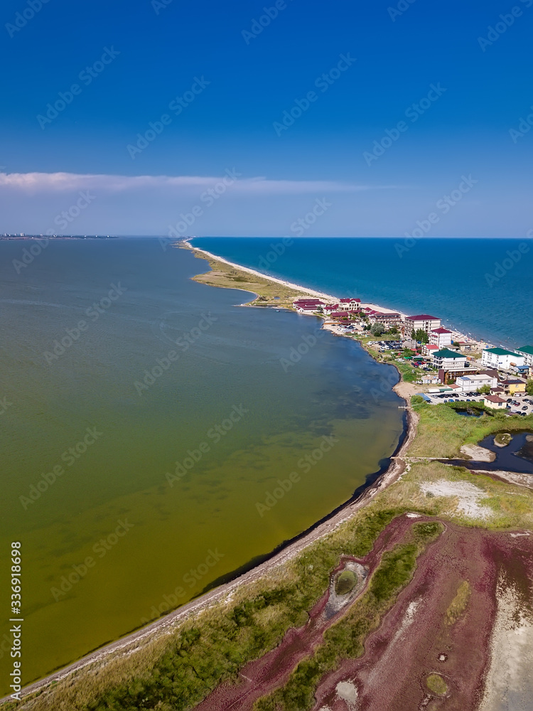 Curortnoe sea spit resort in Odessa region in Ukraine. Aerial view of beach and sea.