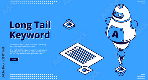 Long tail keyword banner with isometric icons on blue background. Vector landing page of SEO optimization service with line art robot, list and chart signs