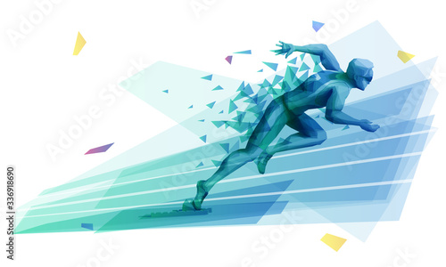 Male athlete starting sprint race from the starting blocks