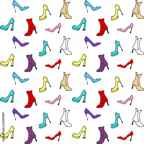 Colorful ladies high heels shoes and half-boots on a white background. Vector seamless pattern for shoe store, shoe factory, printing on packaging, wrapping paper, sales packages, fabric, textile