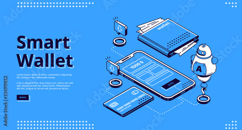 Smart wallet isometric landing page. Purse, credit card connected to smartphone with payment app on screen, secure money online transaction, nfc technology 3d vector illustration, line art web banner