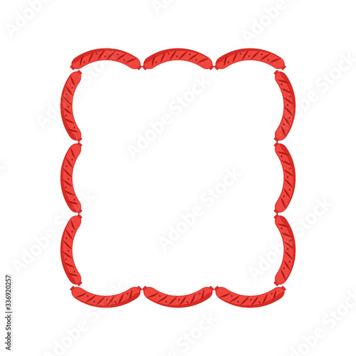 Set of sausages in the shape of a square. Sausage square frame on white background. Flat vector illustration.