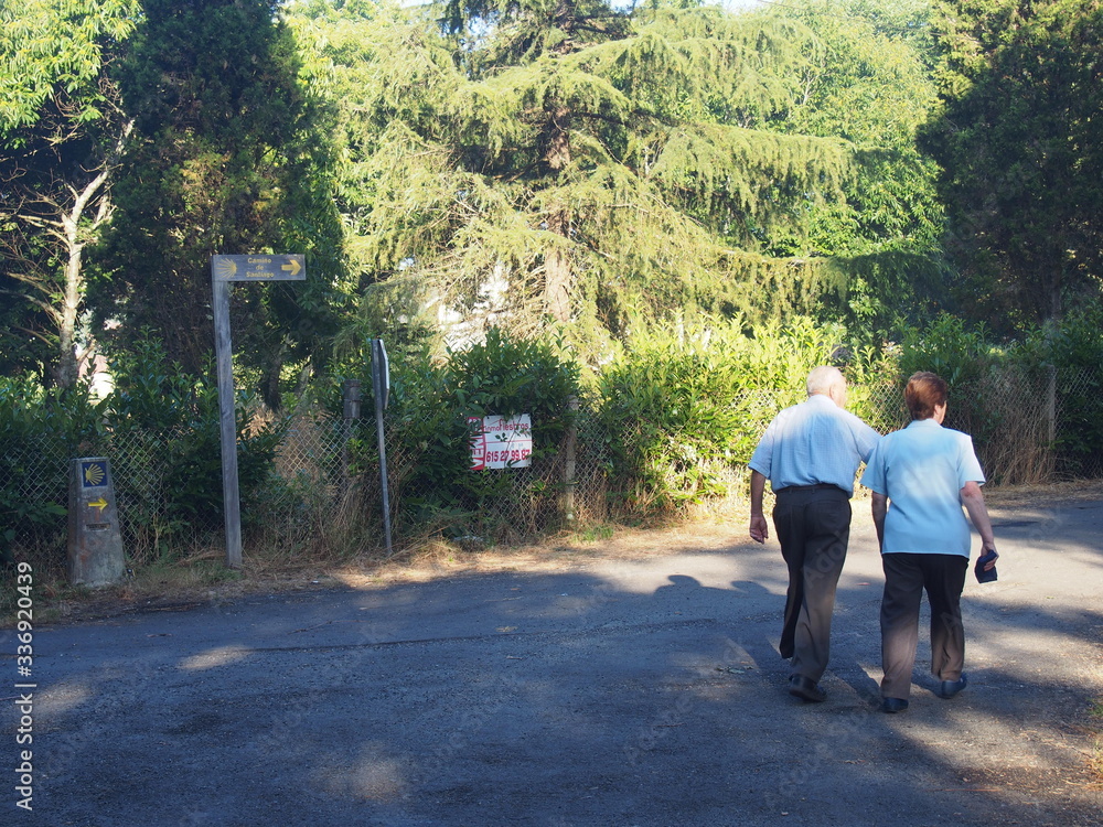 Fototapeta premium Gentle man and lady walking on a greenery street to Fisterra-Muxia, Camino de Santiago, Way of St. James, Journey from Santiago de Compostela to Negreira, Fisterra-Muxia way, Spain