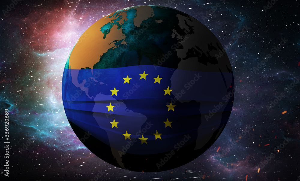 Fototapeta premium Earth Globe in a medical mask. Global epidemic of corona virus concept. EU flag. 