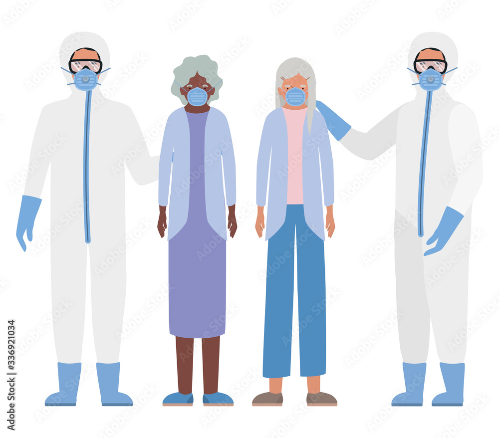 Elder women with masks and doctors with protective suits against Covid 19 vector design Elder women with masks and doctors with protective suits against Covid 19 vector design