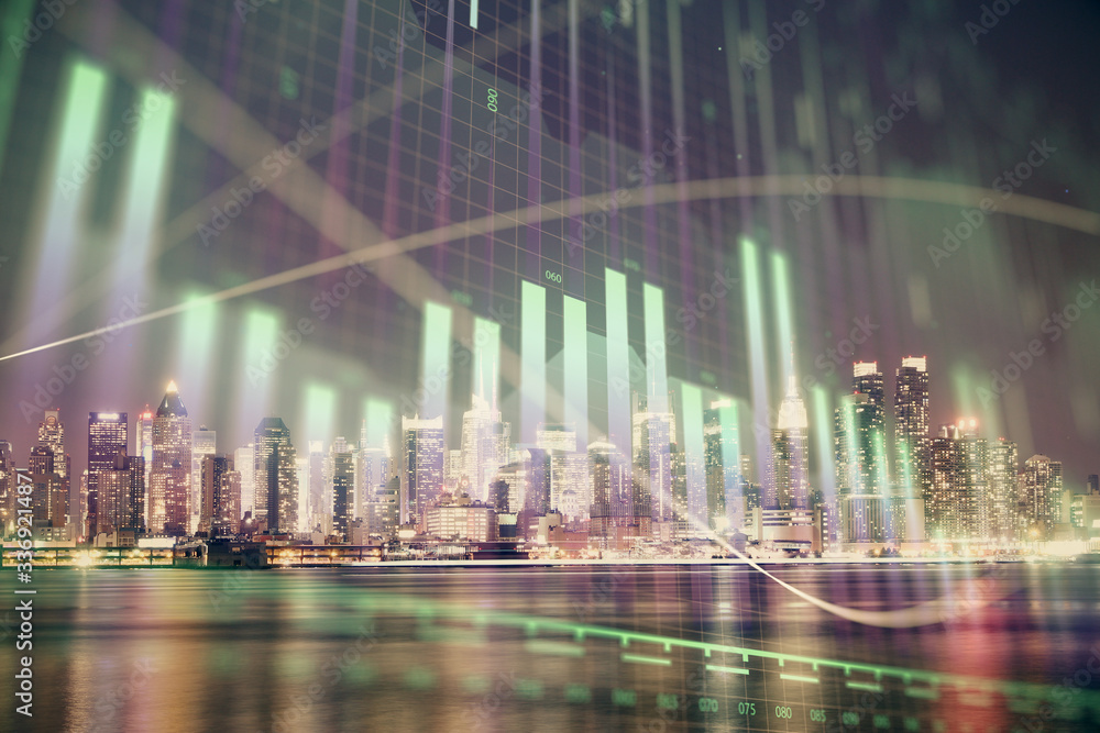 Financial graph on night city scape with tall buildings background multi exposure. Analysis concept. Financial graph on night city scape with tall buildings background multi exposure. Analysis concept.