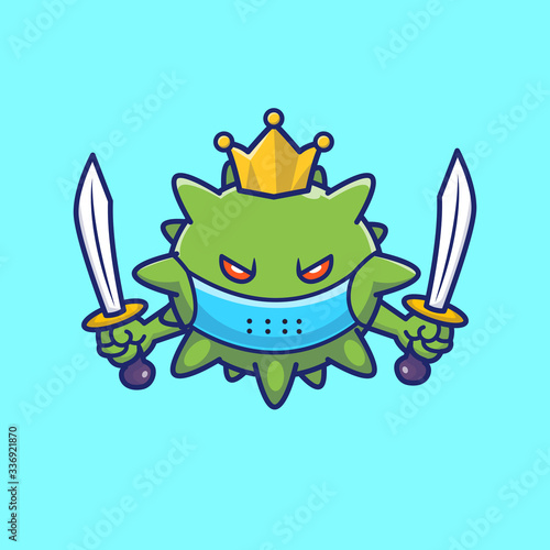 King Virus Holding Swords Vector Icon Illustration. Corona Mascot Cartoon Character. Virus Icon Concept White Isolated. Flat Cartoon Style Suitable for Web Landing Page, Banner, Flyer, Sticker, Card