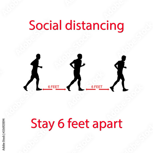 drawing a pictures silhouettes of people running with 6 feet apart, the practices put in place to enforce social distancing,concept safety novel coronavirus 2019, vector illustration photo