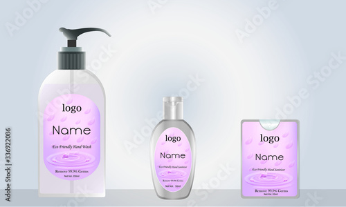 liquid soap and pocket hand sanitizer with label design ready for mock up. vector illustration
