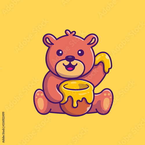 Cute Teddy Bear Eat Honey Vector Icon Illustration. Bear Mascot Cartoon Character. Animal Icon Concept White Isolated. Flat Cartoon Style Suitable for Web Landing Page, Banner, Flyer, Sticker, Card
