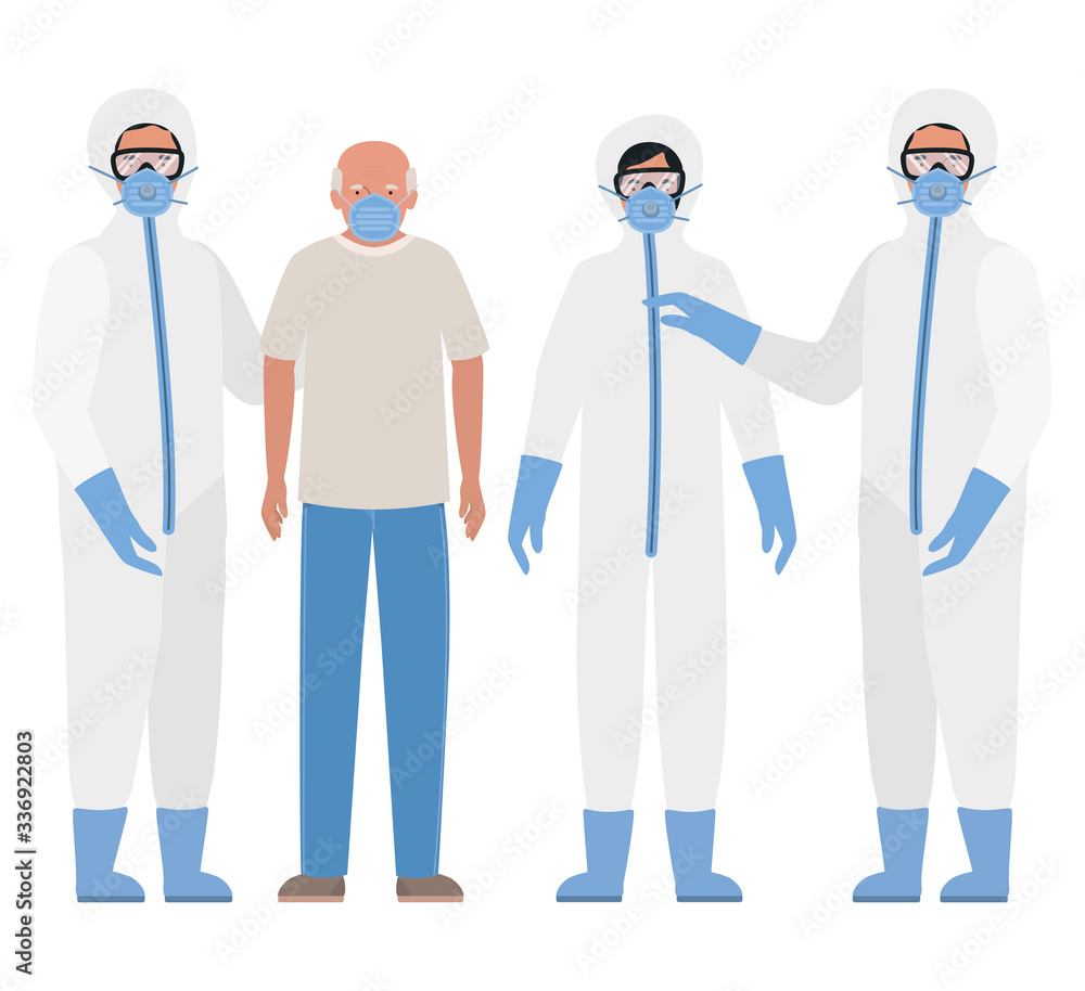 Elder man with mask and doctors with protective suits against Covid 19 vector design Elder man with mask and doctors with protective suits against Covid 19 vector design