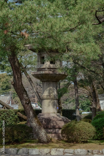 Kyoto, Japan. Chion-in Temple. Large lantern in the temple garden