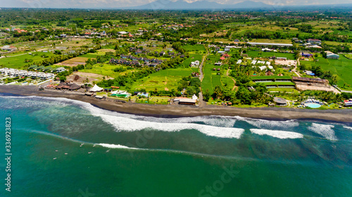 Aerial view of black sand beach. A place to surf.