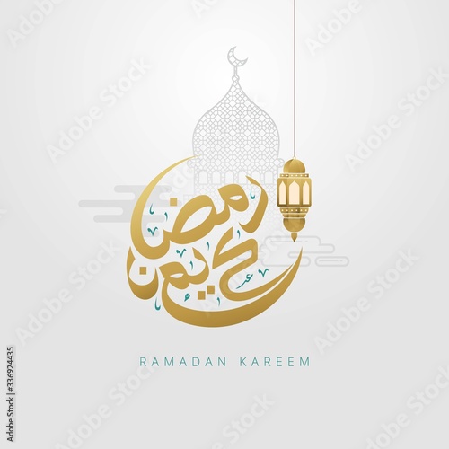 Ramadan kareem greeting card arabic calligraphy style with gold crescent moon and lantern