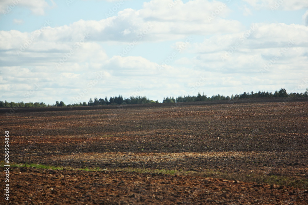 A vast brown ploughed field hill against a cloudy blue sky and trees on horizon on a spring day — land cultivation, agriculture, rural landscape