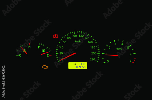 Car dashboard with indicator Check Engine.