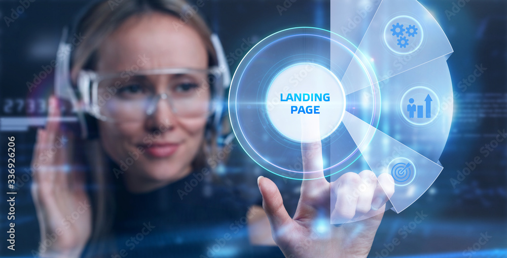 Businessman presses button landing page on virtual screens. Business, Technology, Internet and network concept. Businessman presses button landing page on virtual screens. Business, Technology, Internet and network concept.