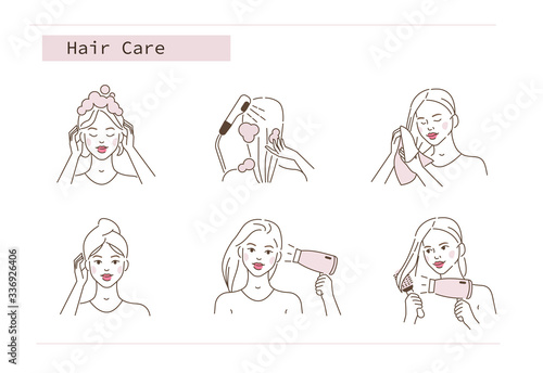 
Beauty Girl Take Care of her Hair and Making Treatment Procedures. Woman Shampooing, Washing, Drying Hair with Hairdryer and Wiping with Towel. Flat Line Vector Illustration and Icons set.